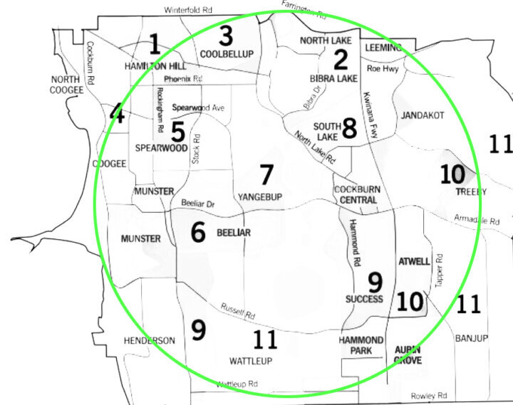 Map-style illustration showing Cockburn, Success and surrounding suburbs highlighted as a pet care service area.